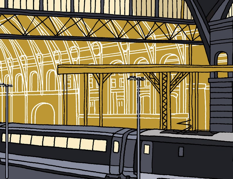 Graphic Railway Illustration Giclee Print King's Cross Station, London Night Scene Artist Signed and Editioned image 5