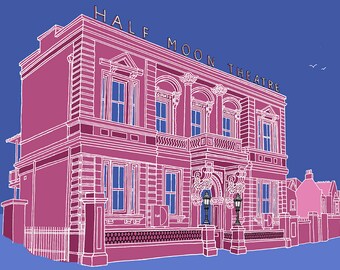 May include: Illustration of the Half Moon Theatre building in pink and white against a blue background. The building has multiple windows, ornate architectural details, and the name "HALF MOON THEATRE" across the top.