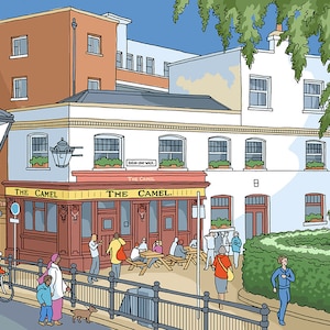 May include: A cartoon illustration of a pub called "The Camel" with a yellow awning and red brick facade. People are sitting outside at tables, and others are walking by. There is a lamppost on the left side of the image.