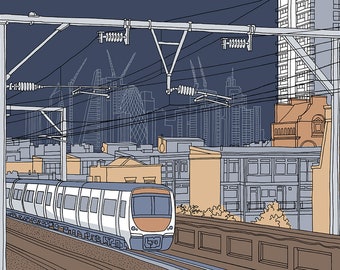 City of London and Railway Scene from Shadwell Station, Rooftop Views - So Many Building Styles. Signed Artist’s Giclee Print