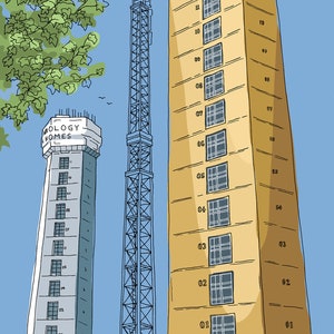 May include: A white building with the text "WOLOGY HOMES" on the side, a blue construction crane, and a yellow building with numbered floors.