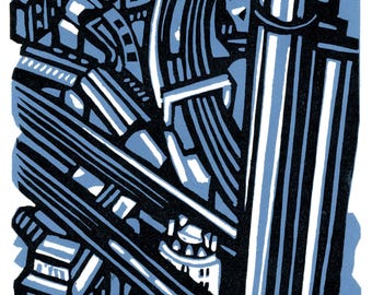 May include: A blue and black linocut print depicting an urban scene. The artwork features stylized buildings, architectural elements, and linear details. The print's color palette is limited to shades of blue and black, creating a graphic and modern aesthetic.