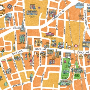 Cool Vibes Est de Londres; Brick Lane - Carte illustrée montrant les sites touristiques locaux ; Estampe d'artiste signée