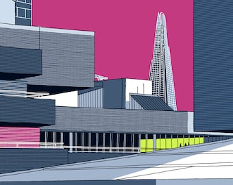 Stylish Modern Architecture; Giclee Print of the Shard and National Theatre, London, Pink/Blue - Artist Signed