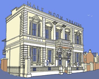May include: A yellow building with a sign that reads "HALF MOON THEATRE". The building has a balcony and a large arched entrance. The building is set against a blue sky.