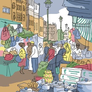 May include: A bustling outdoor market scene with a variety of stalls selling goods. The image features a stall selling colourful handbags and purses, another stall selling cookware, and a third stall selling produce. There are many people shopping and browsing the stalls.