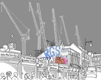 Cool Illustration; Construction Site and Cranes, Dalston, East London with Street Art - Signed Art Print