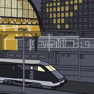 Graphic Railway Illustration Giclee Print King's Cross Station, London Night Scene Artist Signed and Editioned image 6