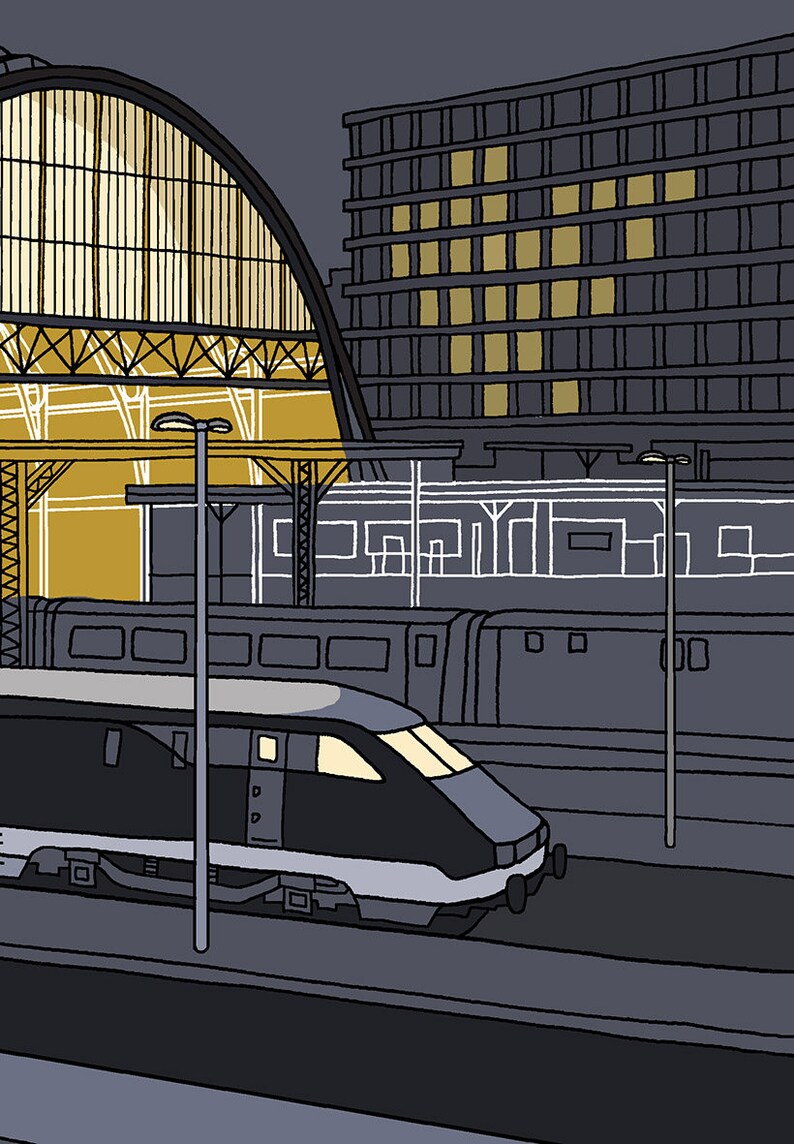 Graphic Railway Illustration Giclee Print King's Cross Station, London Night Scene Artist Signed and Editioned image 6