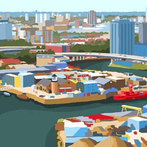May include: An aerial view of a city with a river winding through it. The river is surrounded by buildings, including a large red building with a white roof and a tall, thin tower. There are also several smaller buildings and a bridge over the river.