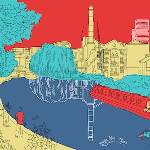 Bright, Colourful London Canal Scene; City Road Basin on Regent&#39;s Canal - Signed Artist’s Print