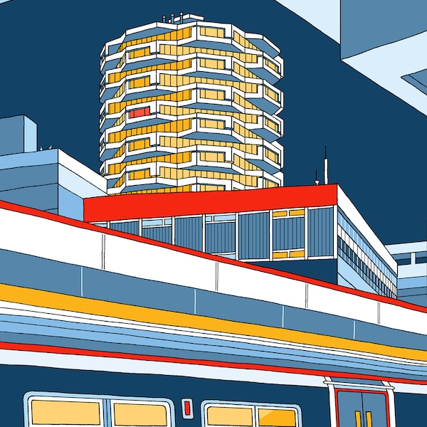 Cool Brutalist Icon Illustration - No 1 Croydon (the Threepenny Bit Building) Nighttime View from East Croydon - Signed Artist’s Print