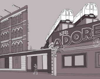 May include: A black and white illustration of a building with a sign that says "Let's Adore Eat". There are two white subway cars on top of the building.