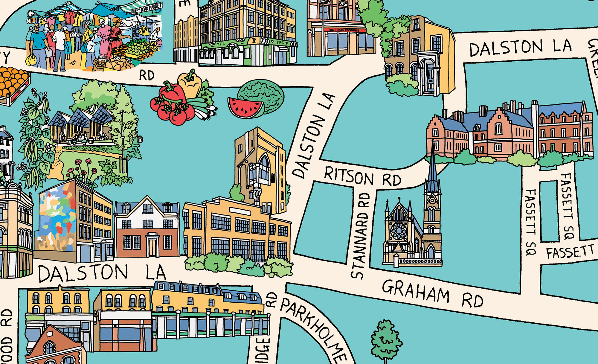 Dalston Streets and Buildings Colourful Illustrated Map East Etsy