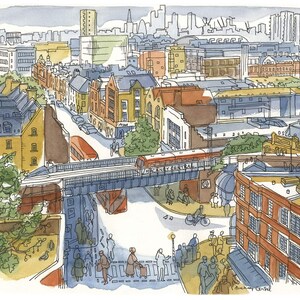 May include: A watercolor painting of a city street scene with a train bridge crossing over a street. The street is lined with buildings and there are people walking on the sidewalk. The painting is in a muted color palette with shades of brown, gray, and blue.