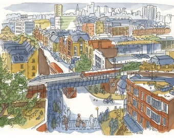 Urban Cool - East London Art; Hackney Illustration; Bird’s Eye View;  Signed Artist’s Print.