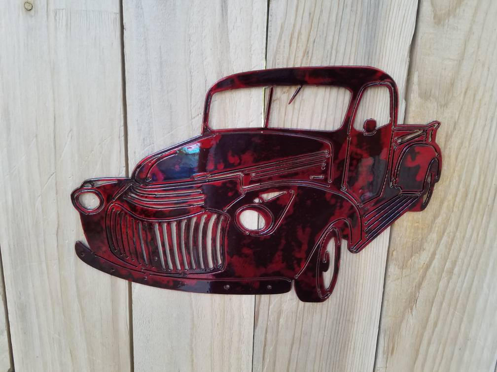 Red 46 Chevy Pickup Farm Truck Metal Wall Hanging