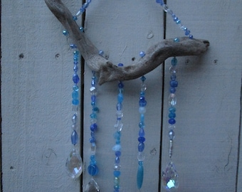 Aqua hanging crystal mobile,pale blue hanging crystal suncatcher,Crystal driftwood mobile,Spiritual window sculpture,hanging magical crystal