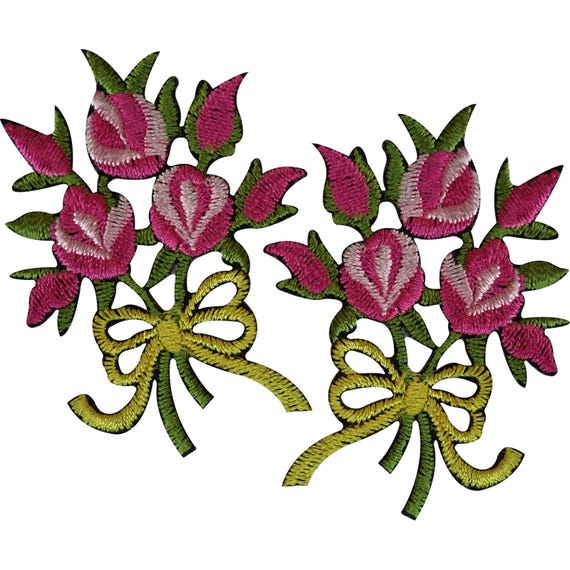 Pair of Pink Flower Patches Iron Sew On Flowers Embroidered Patch Badge Applique