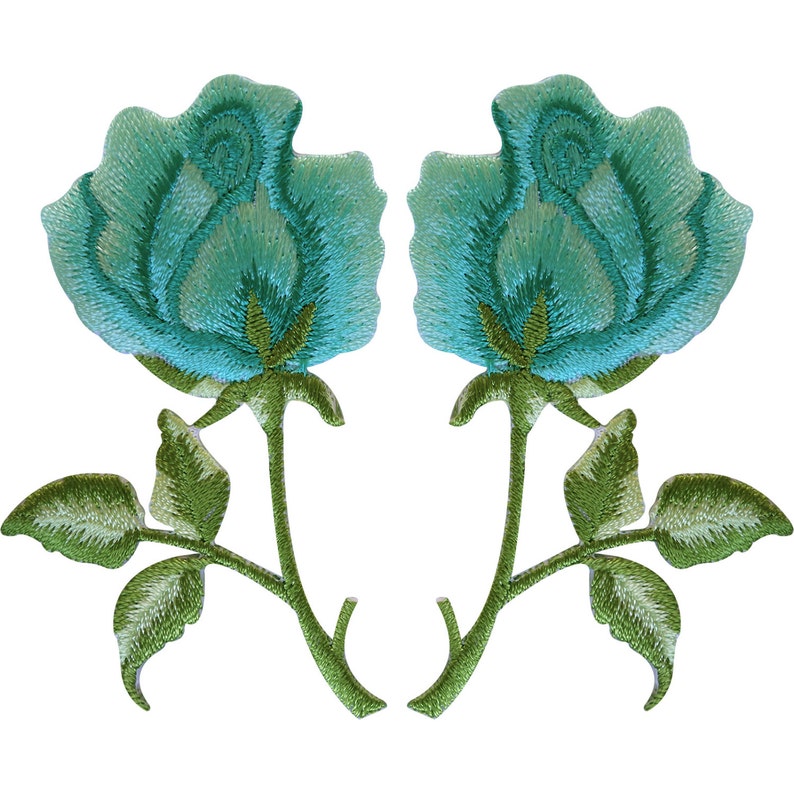Pair of Turquoise Green Rose Patches Iron Sew On Embroidered Flower Badge Patch image 1