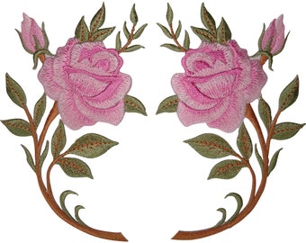 Pair of Pink Rose Flower Patches Iron Sew On Cloth Embroidered Patch Badge Roses