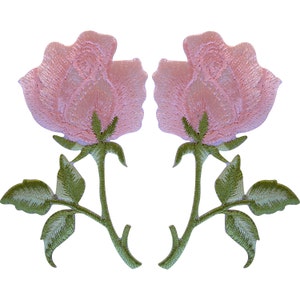 Pair of Pink Roses Patches Iron On / Sew On Embroidered Rose Flower Patch Badge