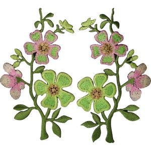 Par de parches de flores rosas y verdes para planchar y coser, parche bordado con flores