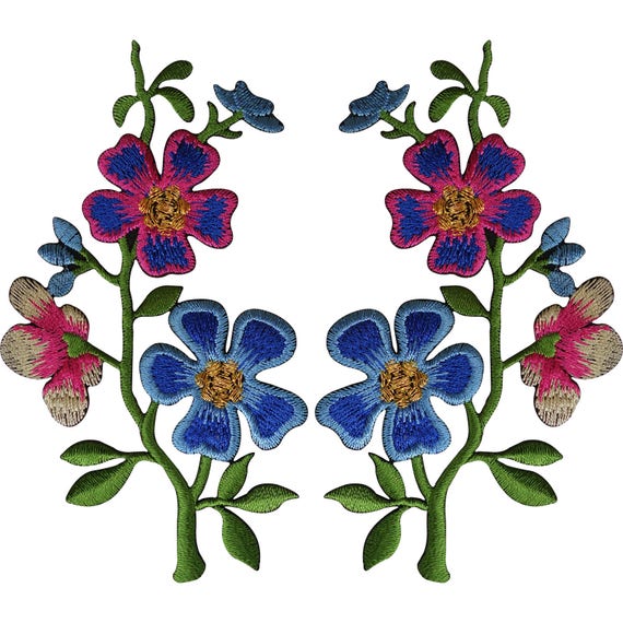 Pair of Blue Flower Patches Iron Sew On Flowers Embroidered Patch