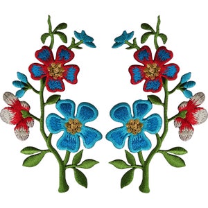 Pair of Red Blue Flower Patches Iron On Sew On Flowers Embroidered Patch Badge