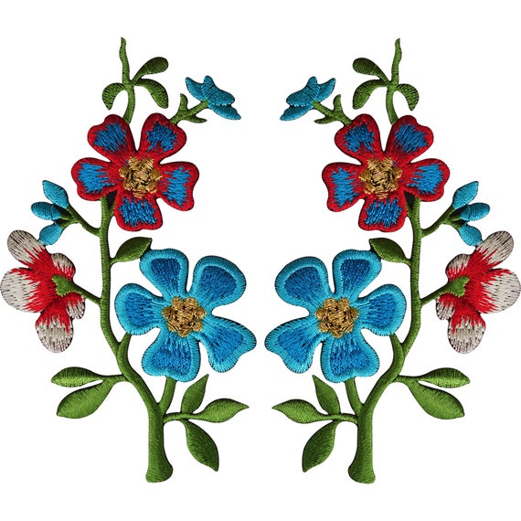 Pair of Red Blue Flower Patches Iron On Sew On Flowers Embroidered Patch  Badge