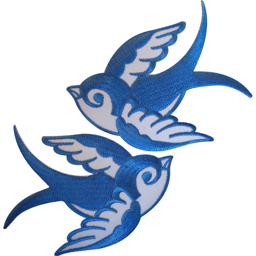 Bird Patch Set 2 Pcs. Mini Blue White Little Bird Tattoo Swallow Dove Vintage Iron On Patches - Foto 10