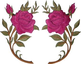 Pair of Pink Rose Flower Patches Iron On Sew On Embroidered Patch Badge Flowers