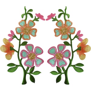 Pair of Pink Peach Flower Patches Iron On Sew On Flowers Embroidered Patch Badge