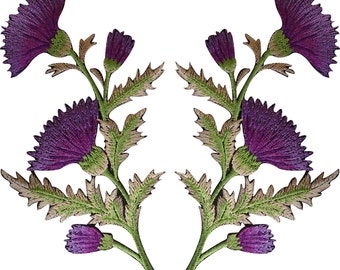 Pair of Purple Thistle Flower Patches Iron Sew On Shirt Bag Flowers Patch Badge