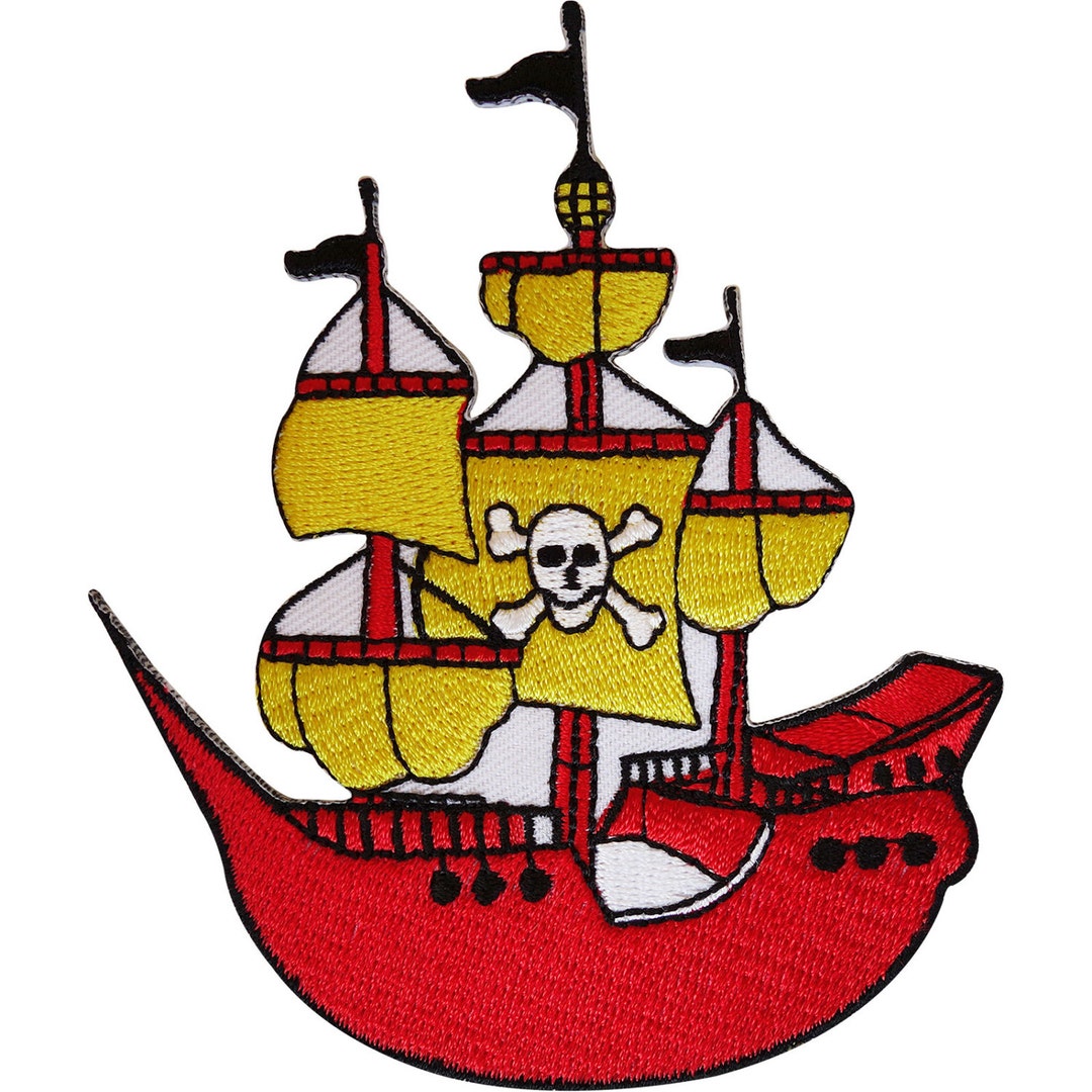 Embroidered Iron on Pirate Ship Patch Sew on Badge Jolly Roger Skull ...