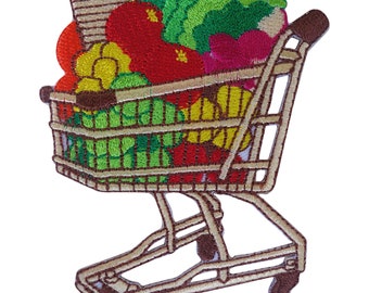 Shopping Trolley Patch Iron On Sew On Fruit Vegetables Vegan Embroidered Badge