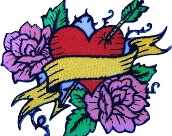 Embroidered Iron Sew On Tattoo Red Heart Pink Roses Patch Rockabilly Biker Badge