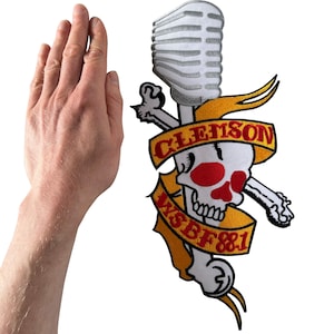 Big Large Radio Microphone Skull Bones Patch Iron Sew On Music Embroidered Badge