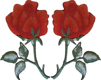 Pair of Orange Red Rose Flower Patches Iron On Sew On Patch Badge Roses Flowers