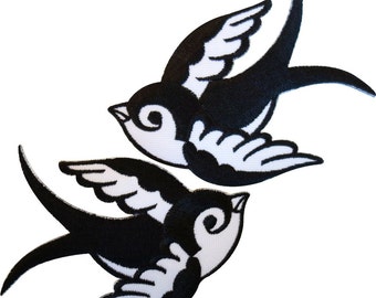 Pair Black White Iron Sew On Embroidered Swallow Patch Clothes Badge Bird Biker