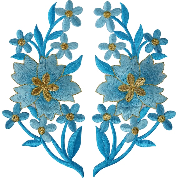 Pair of Pink Blue Flower Patches Iron On Sew On Embroidery Patch Badge Appliques 