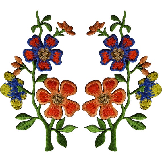 Pair of Orange Blue Flower Patches Iron Sew on Flowers Embroidered Patch  Badge 