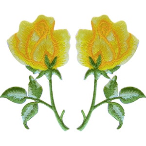 Pair of Yellow Rose Flower Patches Embroidered Iron On Sew On Roses Patch Badge