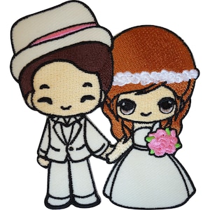 Embroidered Iron On Wedding Patch Sew On Badge Bride in Dress Groom in Hat Decor