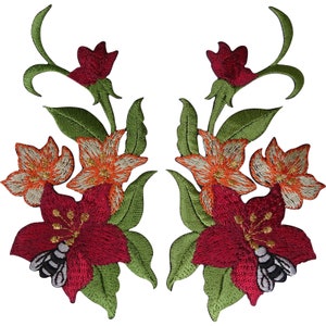 Pair of Flower Patches Iron Sew On Denim Embroidered Patch Badge Bee Wasp Insect