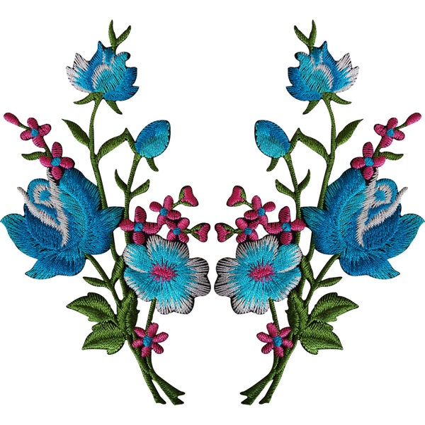 Paire d'écussons brodés de fleurs, fer à coudre, motif floral appliqué artisanal