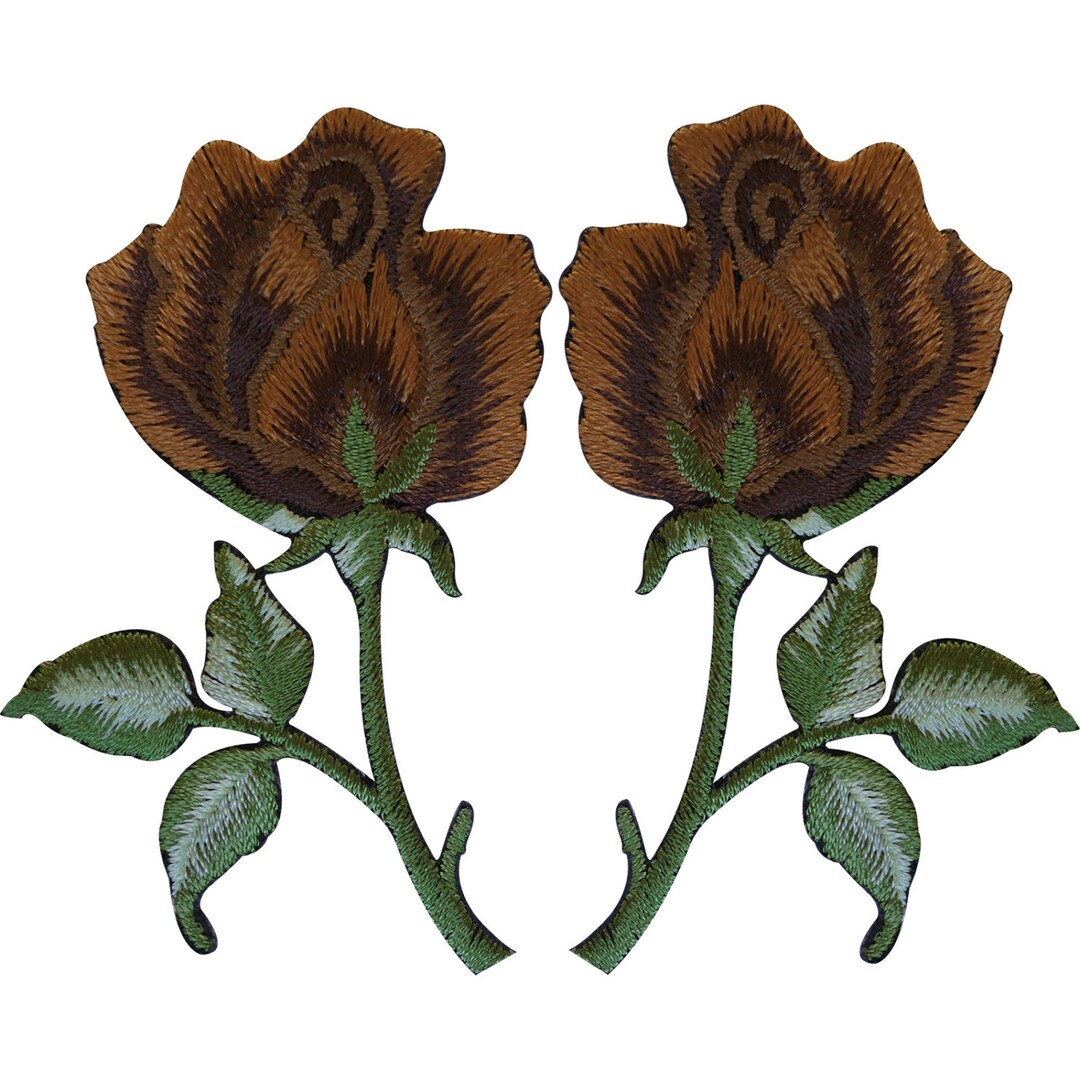 Pair of Brown Rose Patches Iron on Sew on Embroidered Patch Badge Roses ...