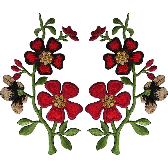 Pair of Red Flower Patches Iron Sew On Flowers Embroidered Patch Badge Applique
