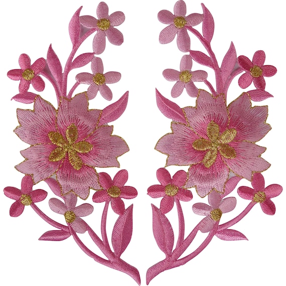 Pair of Pink Blue Flower Patches Iron on Sew on Embroidery Patch Badge  Appliques 