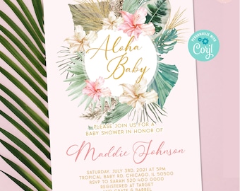 Tropical Baby Shower Invitation template, pink boho tropical Invitation, tropical desert invite, girl baby shower editable invitation